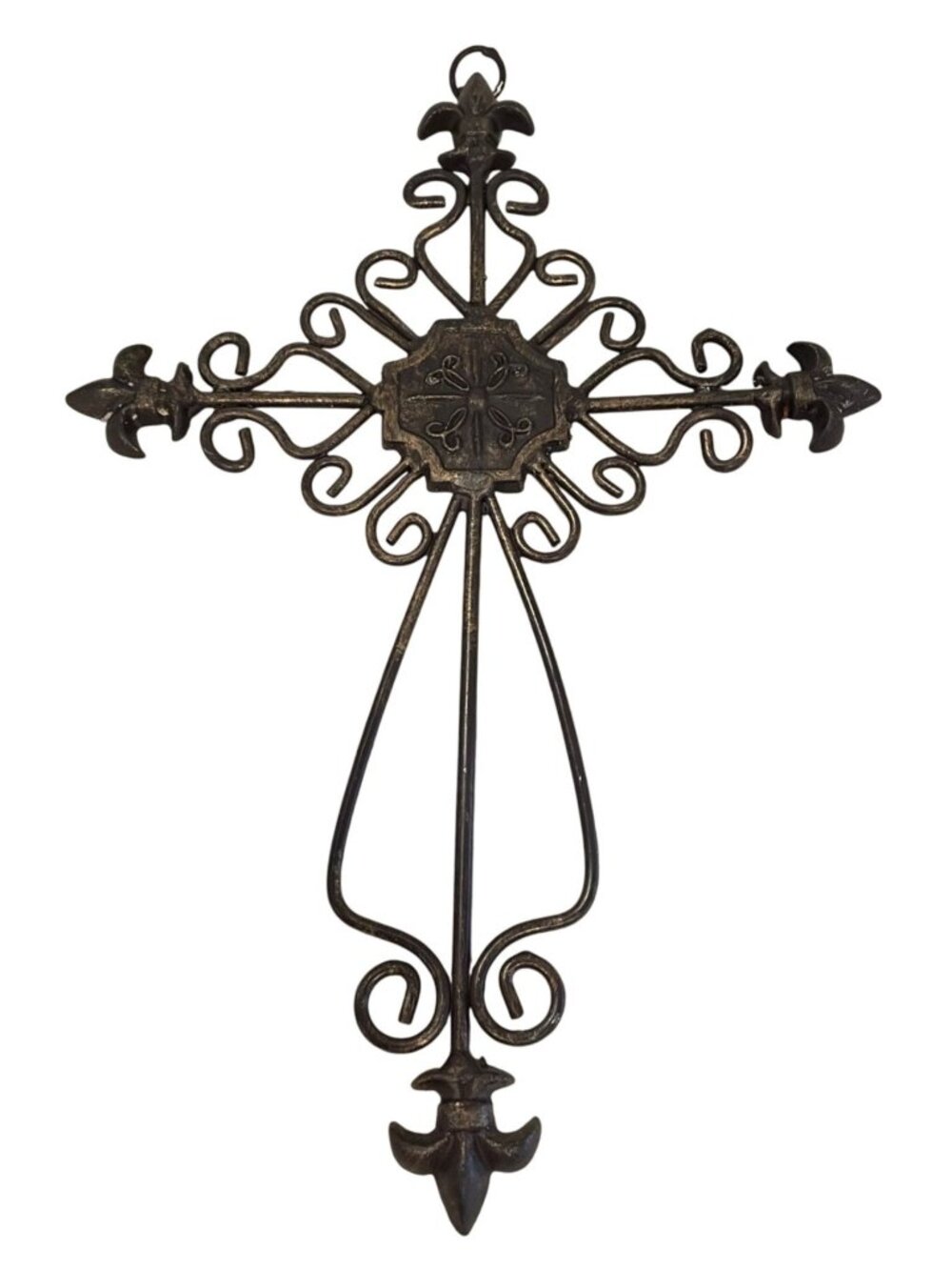 Decorative Wall Cross With Fleur-De-Lis Accents Bronze Finish Scrollwork Design